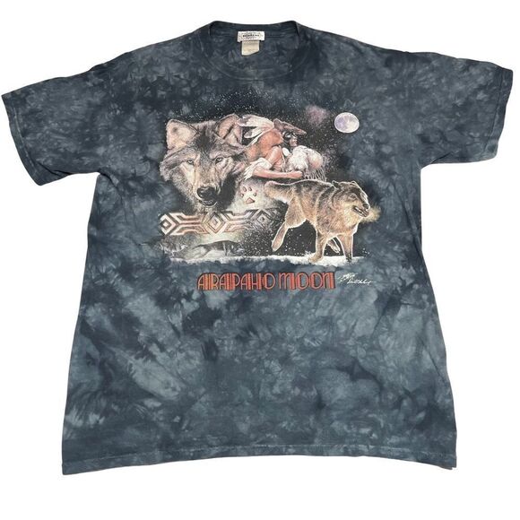 Vintage David Behrens Native‎ American  Arapahoe Moon Wolf Tie-dye Tshirt -L - Picture 1 of 4